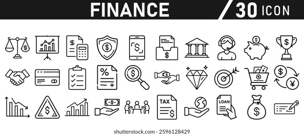 Finance icon set. Loan, cash, bank, saving, financial goal, profit, budget, mutual fund, earning money, and tax, icons. Icons collection. 