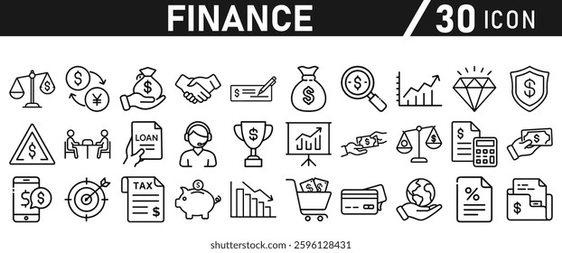 Finance icon set. Loan, cash, bank, saving, financial goal, profit, budget, mutual fund, earning money, and tax, icons. Icons collection. 