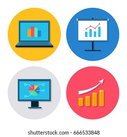 Finance icon set. Modern icons with finance diagram, chart with arrow, graph and growth. Interface elements in flat design. Vector illustration isolated on white background.