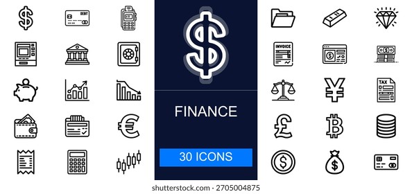 Finance icon set. Money, banking, investments, savings, currency, taxes, accounts, charts, budgeting and more. Thin line vector icons collection for financial, business and economic uses.