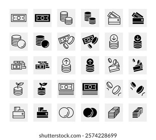 Finance icon set. Money cash and coins symbols. Dollar and cent sign. Pile of coins and stack of money pictogram. Savings and investment illustration.