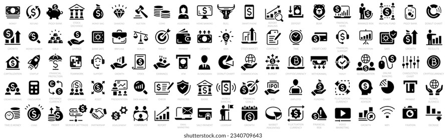 Finance icon set. Money icons. Containing loan, cash, saving, financial goal, profit, budget, mutual fund and more. Vector illustration.