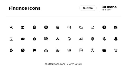 Finance Icon Set. Money, Investment, Profit, Savings, Expense, Income, Debt, Credit, Loan, Tax, Asset, Equity, Wealth, Balance, Payment. Vector Solid Icon Illustration