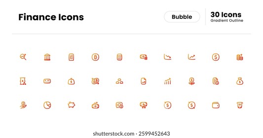 Finance Icon Set. Money, Investment, Profit, Savings, Expense, Income, Debt, Credit, Loan, Tax, Asset, Equity, Wealth, Balance, Payment. Vector Gradient Outline Icon Illustration