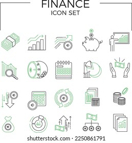 Finance icon set of Money Related Vector Line Icons. Contains such Icons as Interest Rate, Investment Plan, Percentage Diagram and more. Two-colored.