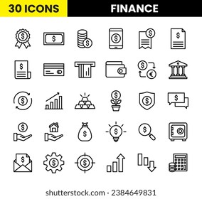 Finance Icon Set with Outline Style. Contains such Icons Money, Dollar, Cash, Bank, Wallet, Loan, Saving, Financial Goal, Profit, Budget Plan, Bill, Credit Card, Invoice, and Many More. 