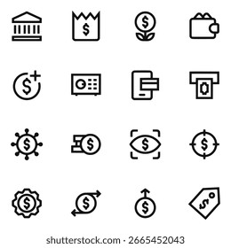 Conjunto de iconos de finanzas Estilo de esquema para el dinero bancario y la inversión