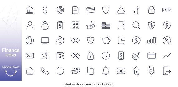 Finance icon. Set of outline vector icons on banking, security, investment, growth.