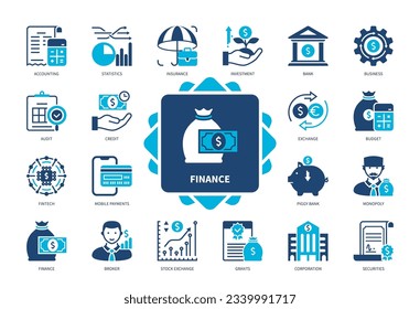 Juego de iconos de finanzas. Valores, Seguros, Bolsa de Valores, Empresas, Banco Piggy, Contabilidad, Inversión. Iconos sólidos de color Duotone