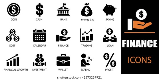 Finance icon set. Showcasing intricately designed representations of loan, cash, saving, financial goal, profit, budget, mutual fund and earning money  icons. Solid icons collection. 