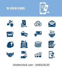 Finance icon set and small business with earnings, home mortgage and mobile transfer. Earnings related finance icon vector for web UI logo design.