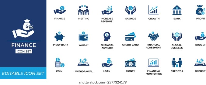 Finance icon set. Solid icons collection. Vector illustration Design.
