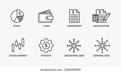 Icon-Set für die Finanzen. Statistiken, Bargeld, Vereinbarung, Buchhaltung, Börse, Fintech, dezentralisiert, zentralisiert, skizzierte Vektorsymbol-Sammlung