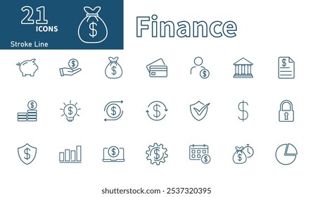 Finance icon. Set of stroke line vector icons on the theme of business, banking, money, piggy bank, money transfer, money bag, security.