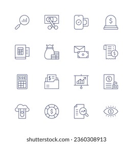 Finance icon set. Thin line icon. Editable stroke. Containing analytics, book, calculator, cloud, cut, finance, folder, help, mobile payment, money, presentation, research, stone, transaction history.