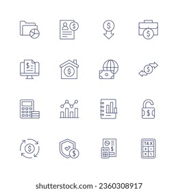 Finance icon set. Thin line icon. Editable stroke. Containing analytics, billing, calculator, circular economy, credit, family, fluctuation, guarantee, low price, money, prediction, report, stock.