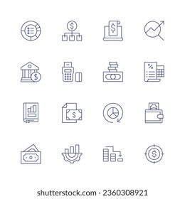Juego de iconos de finanzas. Icono de línea delgada. Trazo editable. Con asignación, banco, negocio y finanzas, efectivo, coste, edc, financiación, gráfico, factura, dinero, gráfico circular, recesión, seo, objetivo, impuestos.