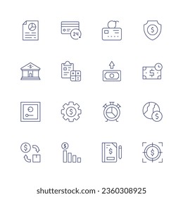 Finance icon set. Thin line icon. Editable stroke. Containing analysis, bank, business and finance, cash flow, credit card, estimation, fintech, graphic, liability, money, pie chart, record book.