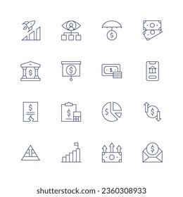 Finance icon set. Thin line icon. Editable stroke. Containing advancement, bank, budget, career, consultant, economy, finance, goal, investment insurance, money, online banking, pie chart, profits.