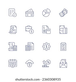 Juego de iconos de finanzas. Icono de línea delgada. Trazo editable. Conteniendo aceptar, atm, auditoria, maletín, presupuesto, calculadora, calendario, nube, gestión de datos, finanzas, equipo, tasa de interés, dinero, etiqueta de precio.