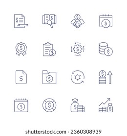 Finance icon set. Thin line icon. Editable stroke. Containing account, audit, badge, budget, calendar, coin, deal, finance, gear, investment, money, profit, salary.