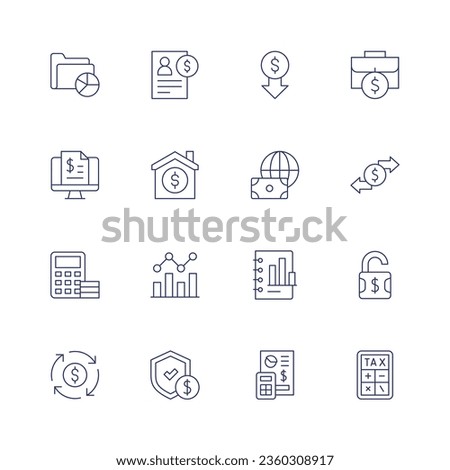 Finance icon set. Thin line icon. Editable stroke. Containing analytics, billing, calculator, circular economy, credit, family, fluctuation, guarantee, low price, money, prediction, report, stock.
