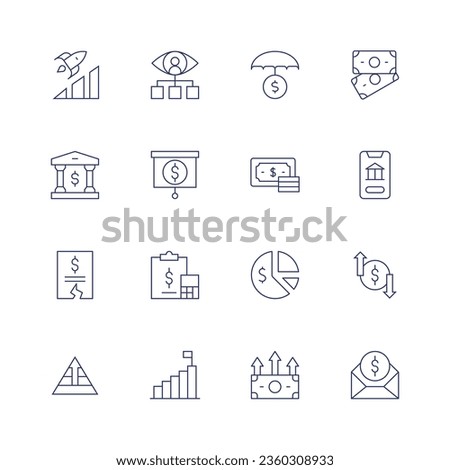 Finance icon set. Thin line icon. Editable stroke. Containing advancement, bank, budget, career, consultant, economy, finance, goal, investment insurance, money, online banking, pie chart, profits.