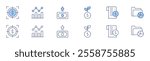 Finance icon set in two styles, Duotone and Thin Line style. Editable stroke. investment, target, transaction history, analytics, fluctuation, money.