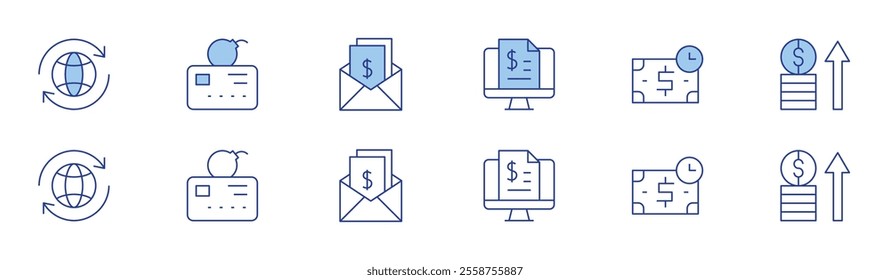 Finance icon set in two styles, Duotone and Thin Line style. Editable stroke. billing, trade, liability, time is money, profit, salary.