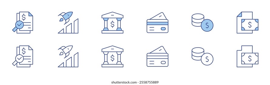 Finance icon set in two styles, Duotone and Thin Line style. Editable stroke. atm, audit, money, financing, advancement, bank.