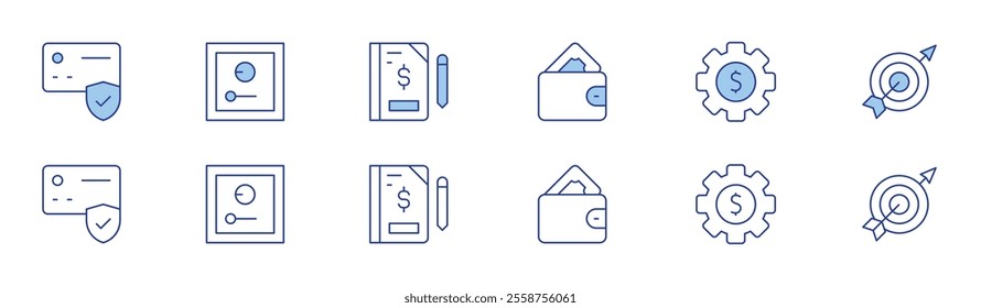 Finance icon set in two styles, Duotone and Thin Line style. Editable stroke. transaction, wallet, business and finance, fintech, goal, record book.