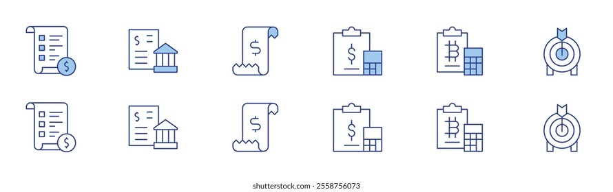 Finance icon set in two styles, Duotone and Thin Line style. Editable stroke. price list, banking, finance, document, goal, check.