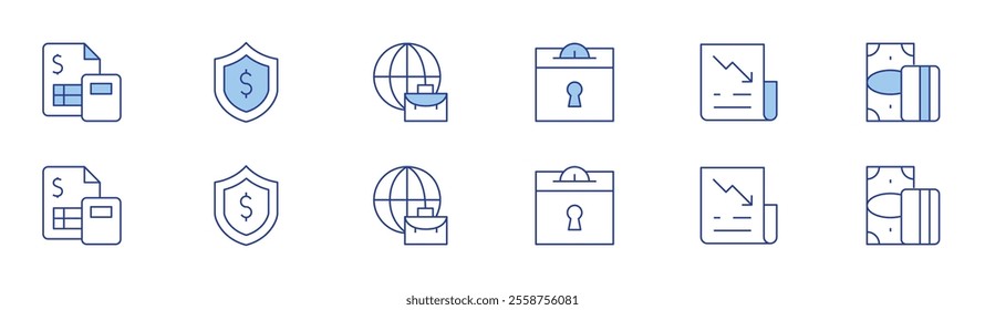 Finance icon set in two styles, Duotone and Thin Line style. Editable stroke. finance, savings, shield, worldwide, newspaper, money.