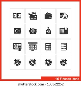 Finance icon set. Vector black pictograms for web, computer, mobile apps, interface design: payment, card, wallet, coin, safe, money bag, cash, case, calculator, dollar, euro, yen and pound symbol.