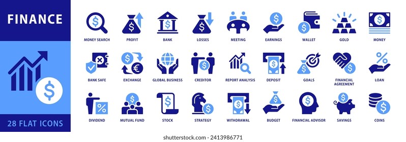 Finance icon set. Vector illustration. Profit, Bank, Losses, Money, Coins, Earnings, Wallet, Finance Icons. Flat Style Dual Color Icon Collection