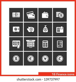 Finance icon set. Vector white pictograms for web, computer, mobile apps, interface design: payment, card, wallet, coin, safe, money bag, cash, case, calculator, dollar, euro, yen and pound symbol. 