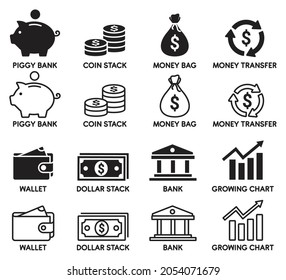 Finance icon set. Wallet icon, Business Icon, money symbol. Piggy bank, growing chart icon. money bag, dollar stack. vector illustration