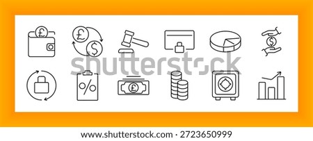 Finance icon set. Wallets, coins, pound signs, percentage, gavel, safe, bar chart, and padlock symbols outlined to represent banking, transactions, currency, security, and financial tools.
