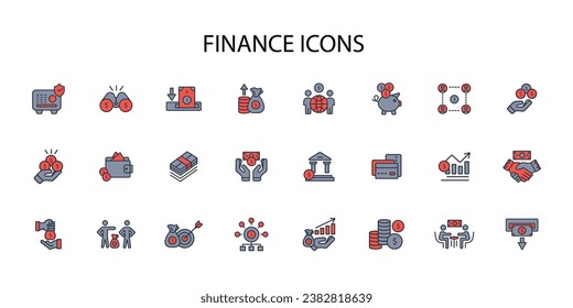 Juego de iconos de finanzas.vector.Curso editable.Signo de estilo lineal para usar diseño web,logotipo.Ilustración de símbolo.