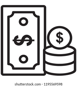 Finance Icon vector of banknote and dollar coins 
