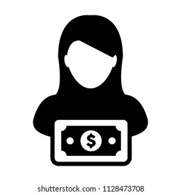 Finance icon vector female user person profile avatar with dollar sign currency money symbol for banking and business in flat black and white glyph pictogram illustration