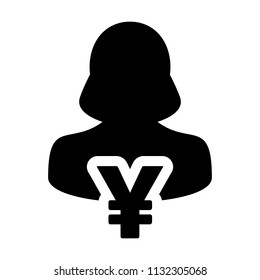Finance icon vector female user person profile avatar with Yen sign currency money symbol for banking and business in flat color glyph pictogram illustration