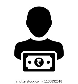 Finance icon vector male user person profile avatar with Rupee sign currency money symbol for banking and business in flat color glyph pictogram illustration
