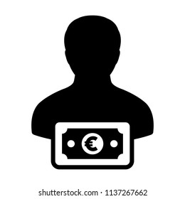 Finance icon vector male user person profile avatar with Euro sign currency money symbol for banking and business in flat color glyph pictogram illustration
