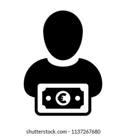 Finance icon vector male user person profile avatar with Euro sign currency money symbol for banking and business in flat color glyph pictogram illustration