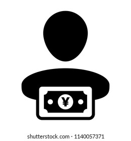 Finance icon vector male user person profile avatar with Yen sign currency money symbol for banking and business in flat color glyph pictogram illustration