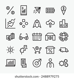 Finance Icons Business and Investment. Thin outline icons pack. Integrity, strategy. vision, environment, personal growth, innovation. Big UI icon set in a flat design.