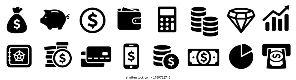 Finance icons. Business Icons, money signs. Money silhouette collection. Wallet with cards icon. Coins silhouette icon. Growth chart. Moneybag or stash. Piggy bank end other icons- stock vector.