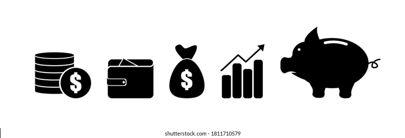 Finance icons. Business Icons, money signs. Money silhouette collection. Wallet with cards icon. Coins silhouette icon. Growth chart. Moneybag or stash. Piggy bank flat style