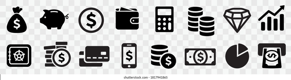 Finance icons. Business Icons, money signs. Money silhouette collection. Wallet with cards icon. Coins silhouette icon. Growth chart. Moneybag or stash. Piggy bank end other icons- stock vector.